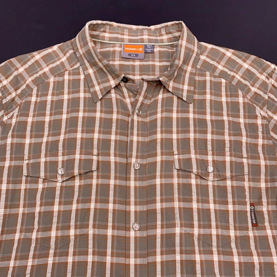 Camisa Merrell Para Hombres Grande Marrón Abotonada Cuadros Bolsillos a Presión Campamento al Aire Libre Foto 3 de 4