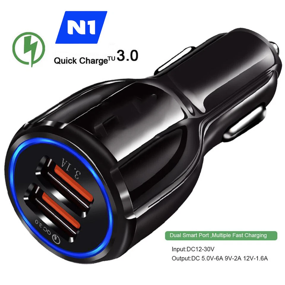 Dual USB Fast Car Charger QC3.0 Certified Quick 2-USB Port Charge Dual 36W Black - Image 2 of 4