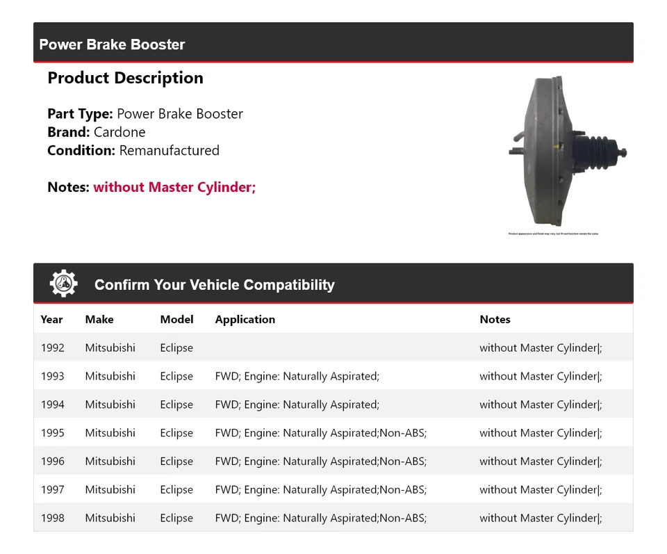 Para Mitsubishi Eclipse 1992-1998 Power Brake Booster Cardone 1993 1994 1995 1996 Foto 2 de 4
