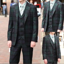 Business Men Suit Check Plaid Notch Lapel Wedding Groom Single Breasted Slim Fit