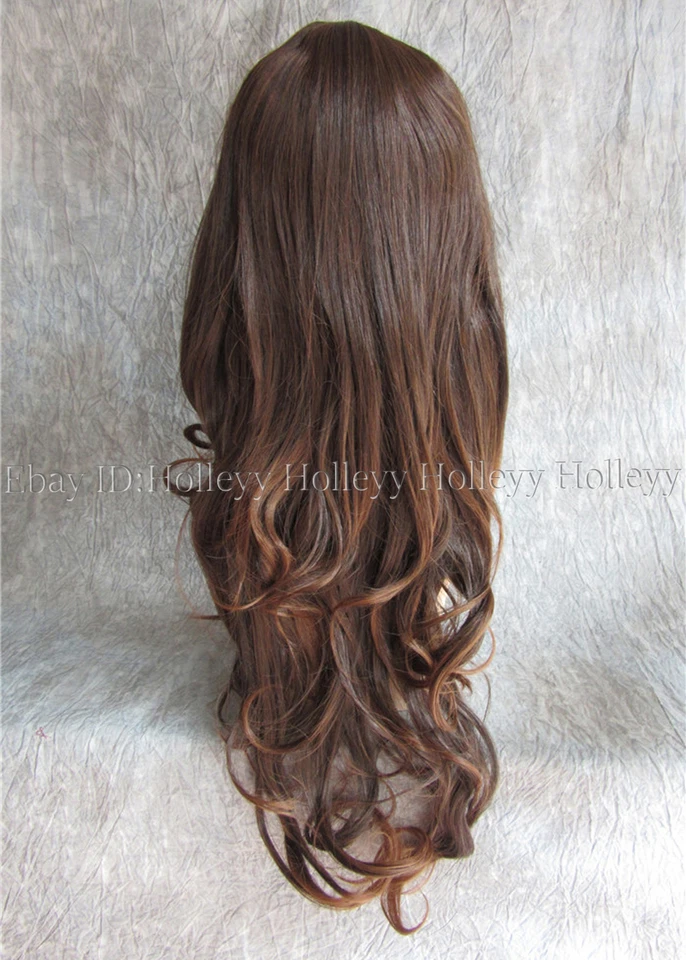 Mujeres Niña Mezcla Marrón Clásico Largo Ondulado Rizado Flequillo Completo Cosplay Cabello Pelucas Completas Foto 4 de 4