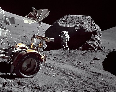 Harrison Schmitt next to boulder on Moon during Apollo 17 mission Photo Print