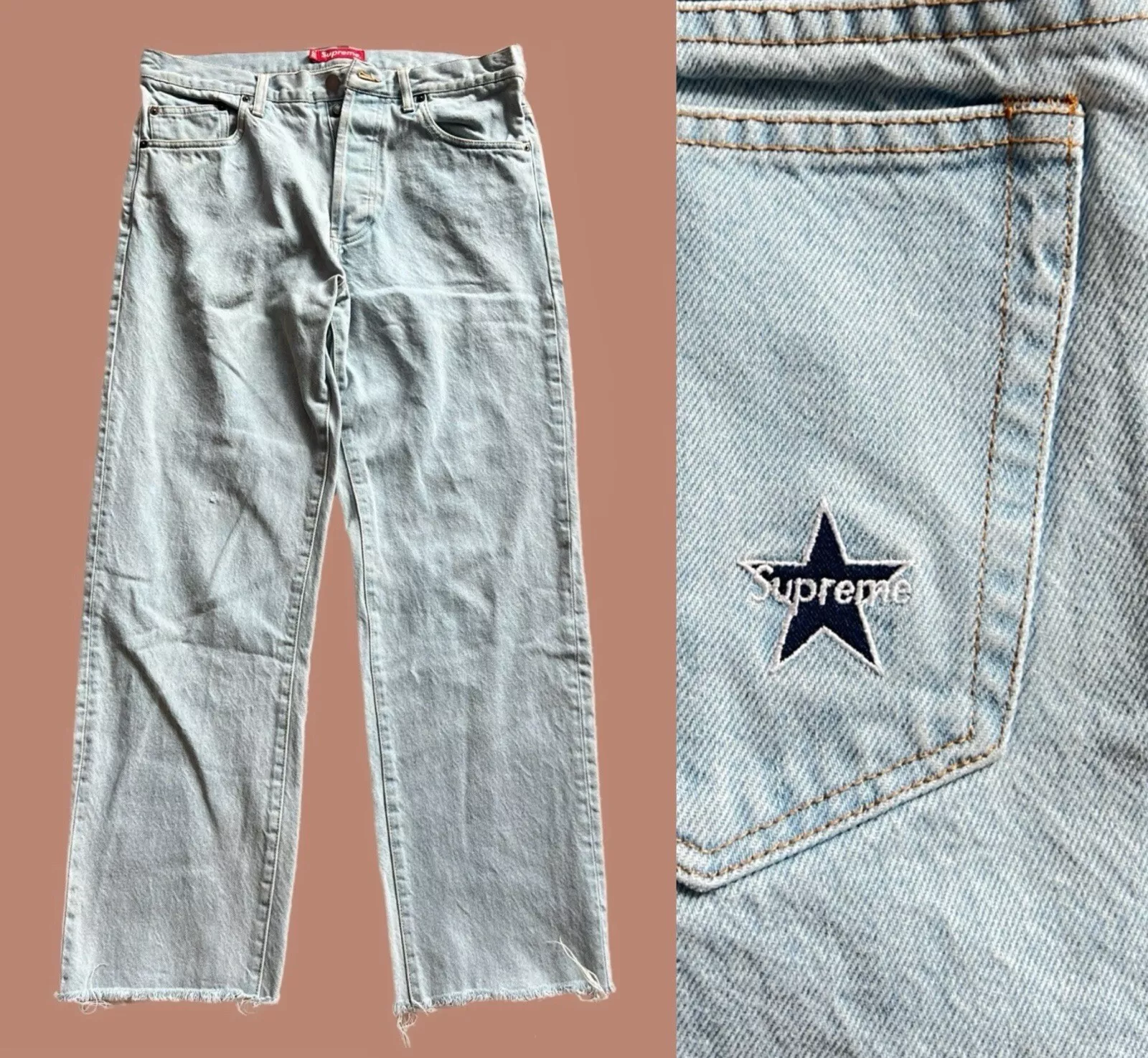 SUPREME⭐️Écusson broderie logo étoile délavé léger baggy coupe skater jeans taille 32