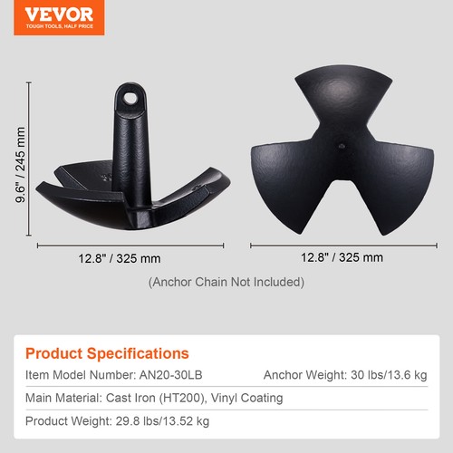 VEVOR River Anchor 30LB Boat Anchor Cast Iron Black Vinyl-Coated Mushroom Anchor - Picture 7 of 12