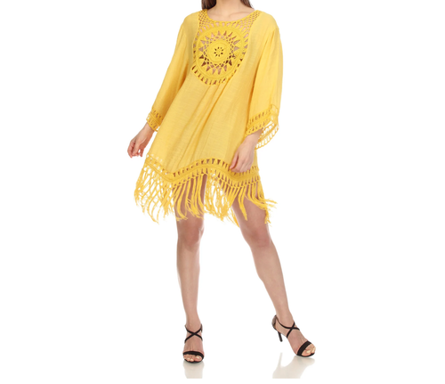 White Mark Women's Sheer Crochet Fringe Cover Up One Size Mustard Yellow NWT - Picture 2 of 4