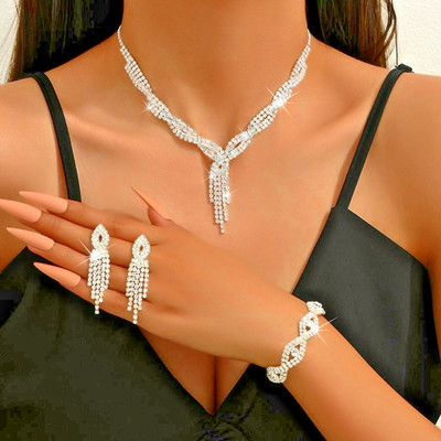 Damen Frauen Modeschmuck 4 Stck. Silber Weiß Halskette Ohrringe Armband Set