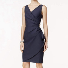 Alex Evening Navy Sleeveless V-Neck Sheath Knee-Length Ruffle Dress Size 8
