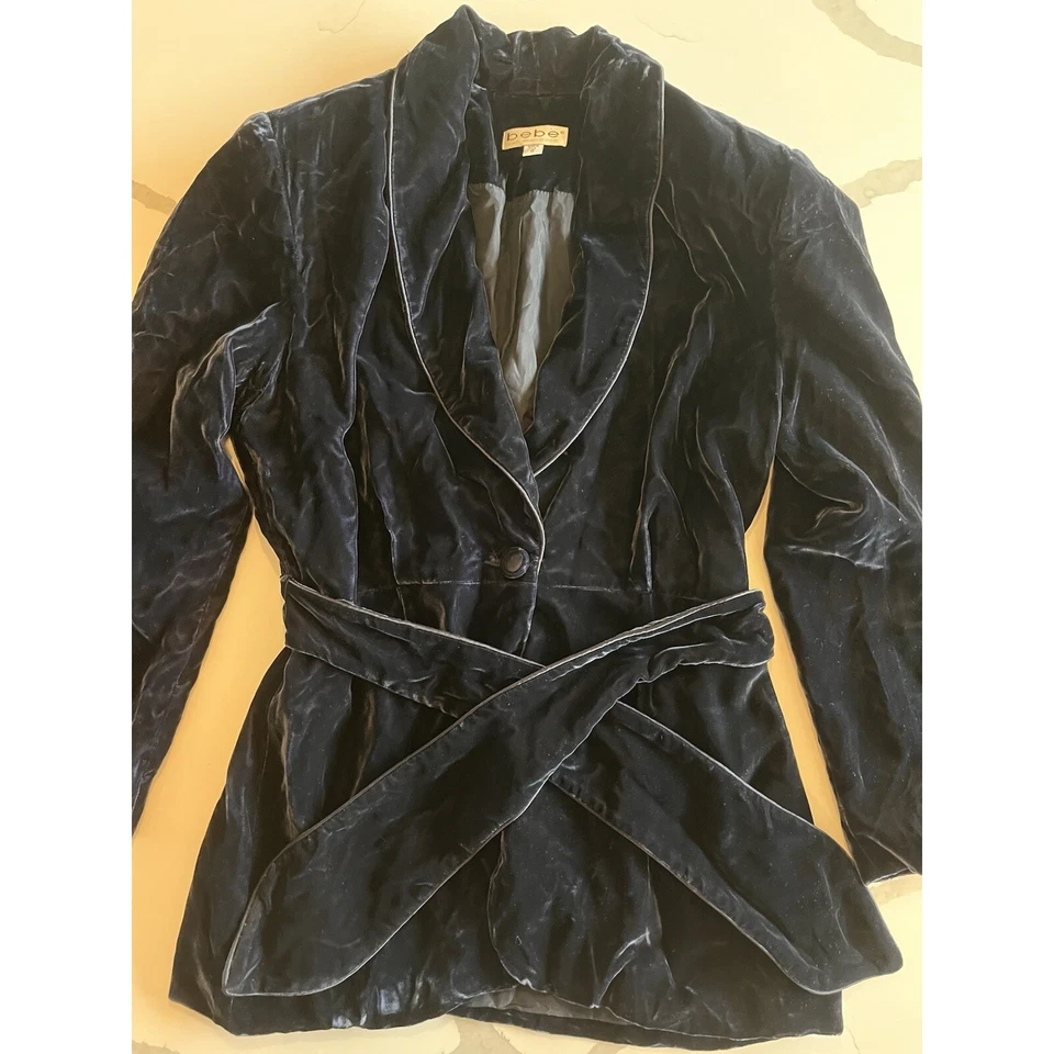 Chaqueta Blazer Bebe Vintage Azul Marino Terciopelo Mujer 10 Cinturón Almohadillas para los Hombros Y2K Foto 4 de 4