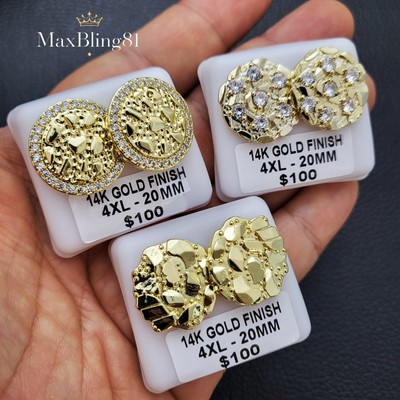 High-End Earrings Brass Earring Cookie Nugget Stud 14K Gold plated CZ Unisex Icy