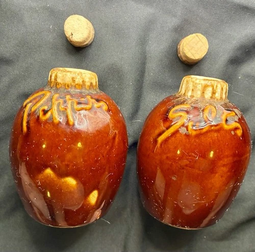 Vintage HULL Pottery Salt & Pepper Shakers Brown Drip Glaze Oven Proof USA