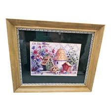 Barbara Mock Picture Birdhouses Vintage Print 12 x10 Frame Love Thy Neighbor