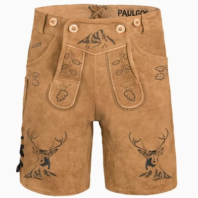 PAULGOS Herren Trachten Lederhose + Träger Echtes Leder kurz 3 Farben 44-60 HK4 - Bild 1 von 3