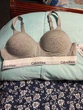 Calvin Klein Wireless Bralette Bra Gray Logo Band Hook  Eye, Women XL