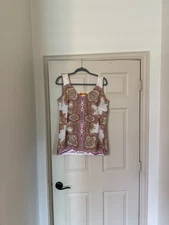 Robert Graham Womens White and Multicolor Paisley Silk Trim Sequin Tank, Size L