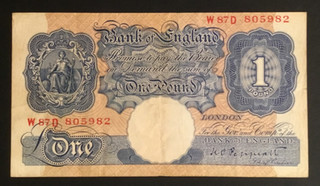 Banknote Of England One Pound Blue And Pink KO. Peppiatt. W87D. Excellent Cond.