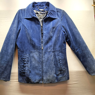VTG Dennis Basso Women SM 100% Suede Leather Blue Lined Full Zip Moto Jacket