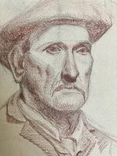 Beautiful Drawing Pencil Portrait Hat Man to Identify Antique Art 1850 Xixth