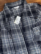 CJ Banks Sweater Jacket Women's 14W (X) Blue Plaid Waffle Knit Full Zip NEW