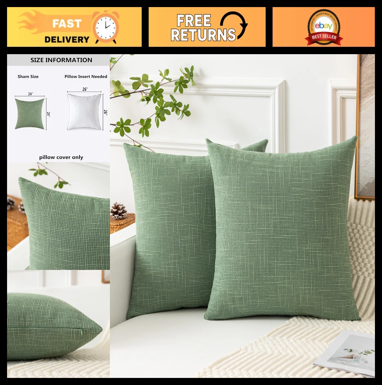 Set of 2 Sage Green 24x24 Inch Pillow Covers - Farmhouse Boho Decorative Cushion