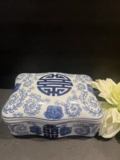 Vintage  Porcelain Chinese Double Happiness & Scrolling Peonies Decorative,  Box