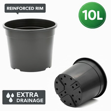 10L Plastic Plant Pot Black Flower Pot Extra Drainage Indoor Outdoor