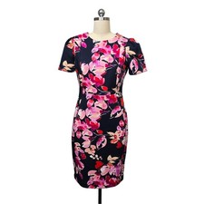 Calvin Klein Floral Scuba Sheath Dress Navy Pink Short Sleeve Knee Length Size 8