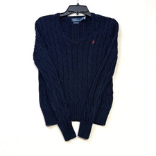 Polo Ralph Lauren Womens Navy Blue Pima Cotton Cable Knit V-Neck Sweater S