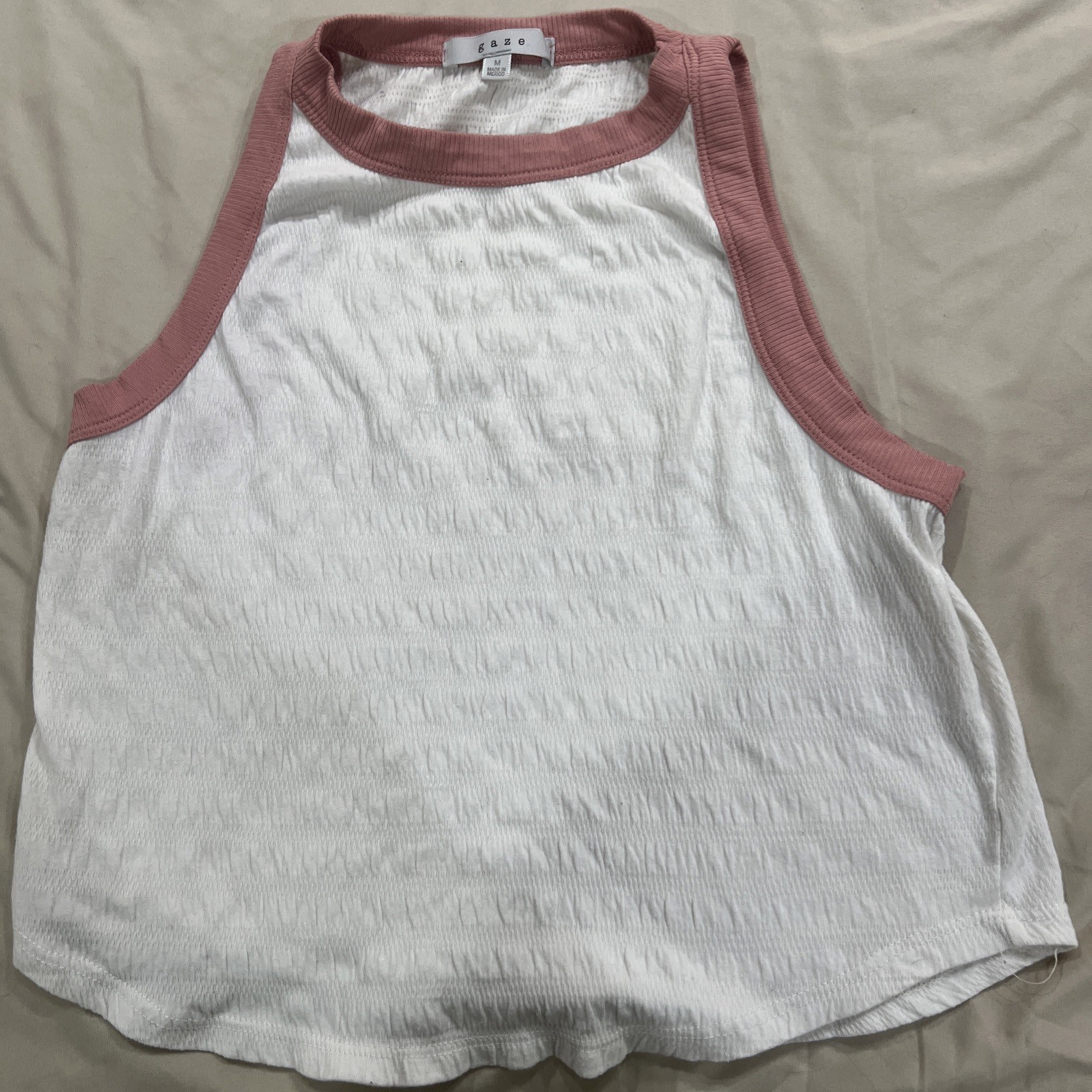 Gaze Pink And White Ruched Sleeveless  Crop Top  Size M
