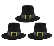 3 PK Deluxe Pilgrim Hat With Buckle Quaker Amish Top Hat Cap Flat Topped Costume