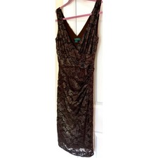 Lauren Ralph Lauren Brown Gold Metallic Lace Ruched V-Neck Sheath Dress 6