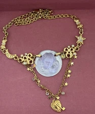 Vintage Kirks Folly Lavender Dream Angel Rhinestone Gold tone Necklace 17"