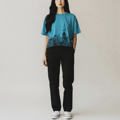 Self Esteem NYC Skyline Chrysler Building Tee Size XS Lapis Teal Oversized NWT