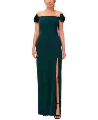Aidan Mattox Womens Forest Green Shiny Bows Off-The-Shoulder Gown Size 6 LONG
