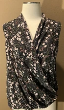 Loft M Sleeveless Black Floral Attached Wrap Blouse Top