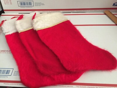  3 Red Plush Faux Fur Christmas Vintage Stockings Santa Clause Best