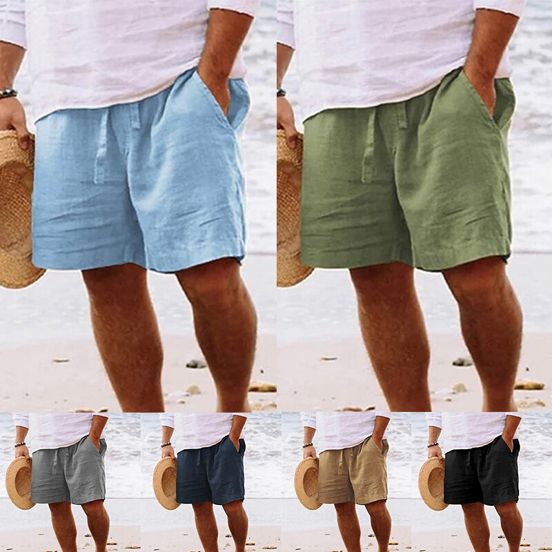 Men Cotton Linen Summer Hawaiian Pants Shorts Bottom Beach Drawstring Waist wi