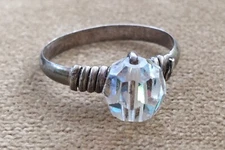 Vintage Rainbow Art Glass Crystal Globe Sterling Silver Boho Retro Size 7.5 Ring