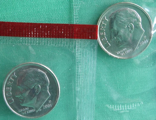 2001 P and D Roosevelt Dime 2 Coins from US Mint Set BU Cellos Ten Cents Two 10c