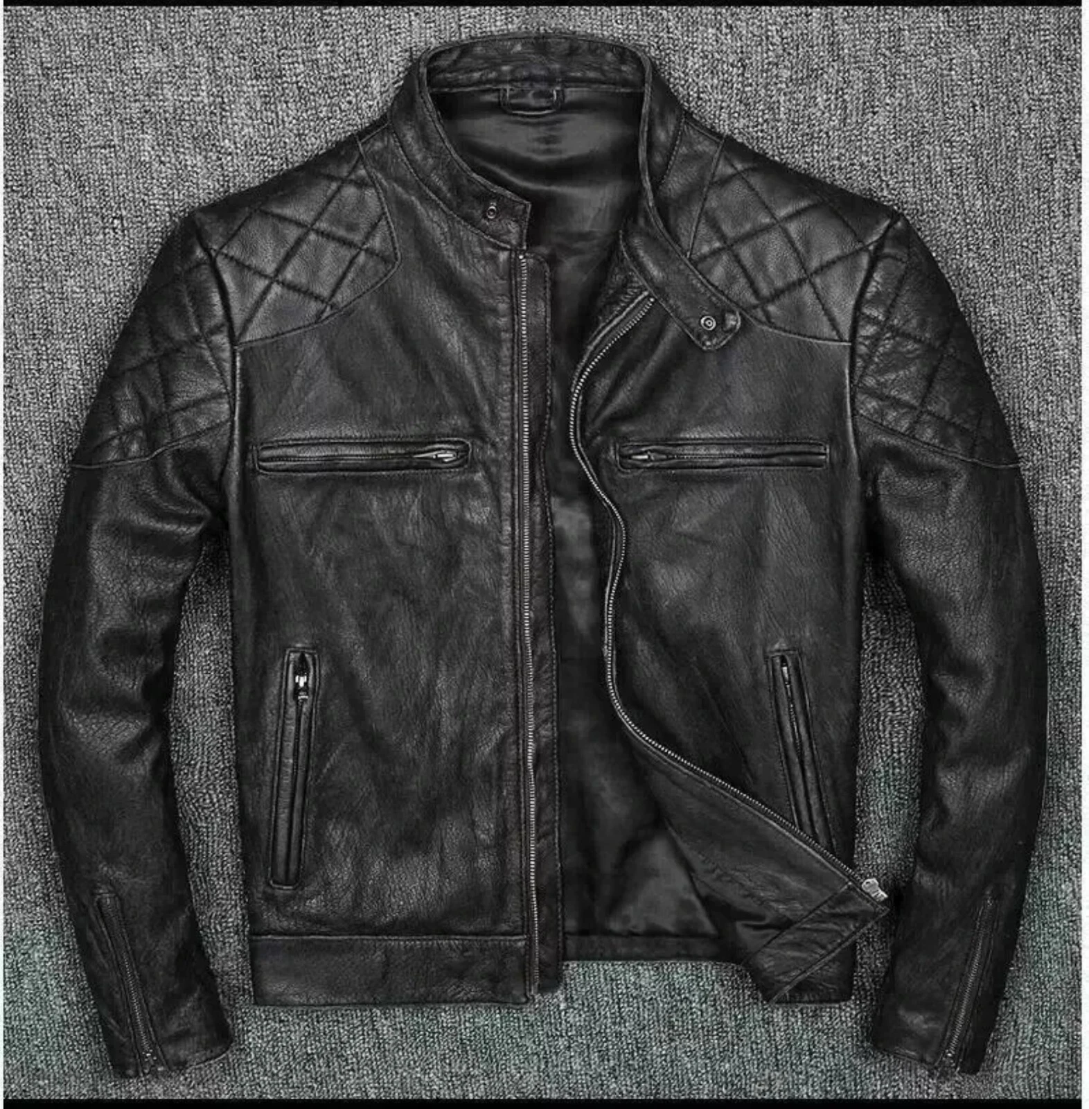 Distressed Black Biker Jacket Men's Vintage Motorcycle Genuine Leather Coat