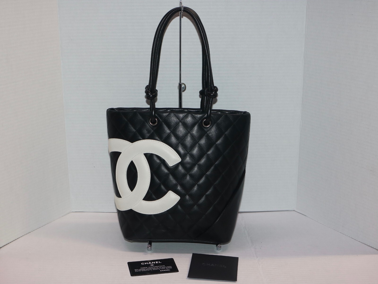 CHANEL Black White Quilted Ligne Cambon Tote Bag