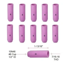 TIG Ceramic Cup 10N46 #8 Welding ALUMINA Nozzle 1/2" Fits TIG 17, 18, 26 Qty 10