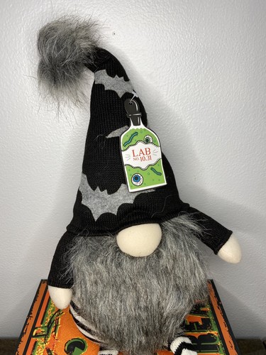 HALLOWEEN Gnome Shelf Sitter Striped Legs Boots Bendy Hat Gray B&W Bats NEW - Picture 2 of 6