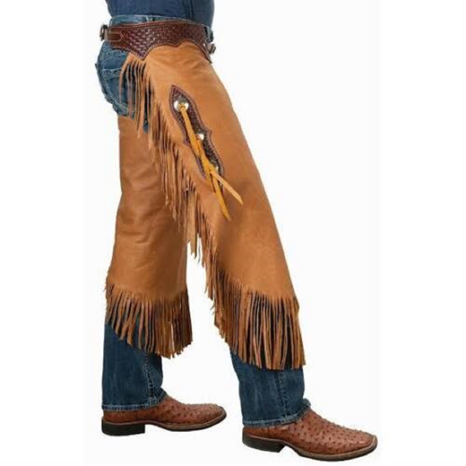 Western Cowboy Chap Fringes Tan Brown Leather Pant Rodeo Riding Chap Tooled Yoke eBay