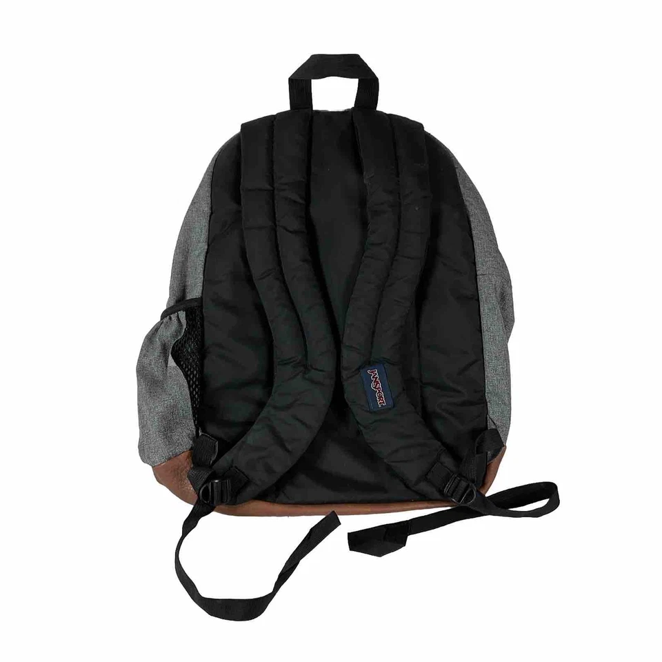 Mochila Estudiante Jansport Vintage Gris con Parte Inferior de Cuero Marrón 5 Bolsillos con Cremallera Y2K Foto 2 de 4