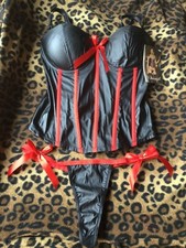 Dreamgirl Faux Leather CORSET Set Black/Red Ribbons  Lace SZ 34