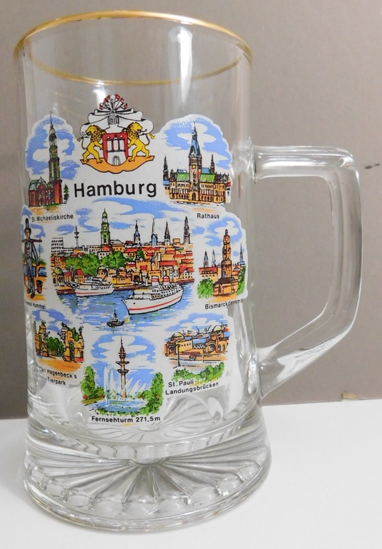 VINTAGE GLASS BEER MUG STEIN HAMBURG GERMANY OCTOBERFEST