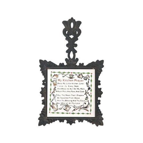 Vtg Tile Trivet Hot Plate Cast Iron Frame Filigree Footed Handle Wall Hanging