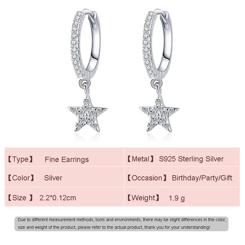JIALY European AAA CZ S925 Sterling Silver Hoop Earrings Star Dangle For Women - Picture 2 of 6
