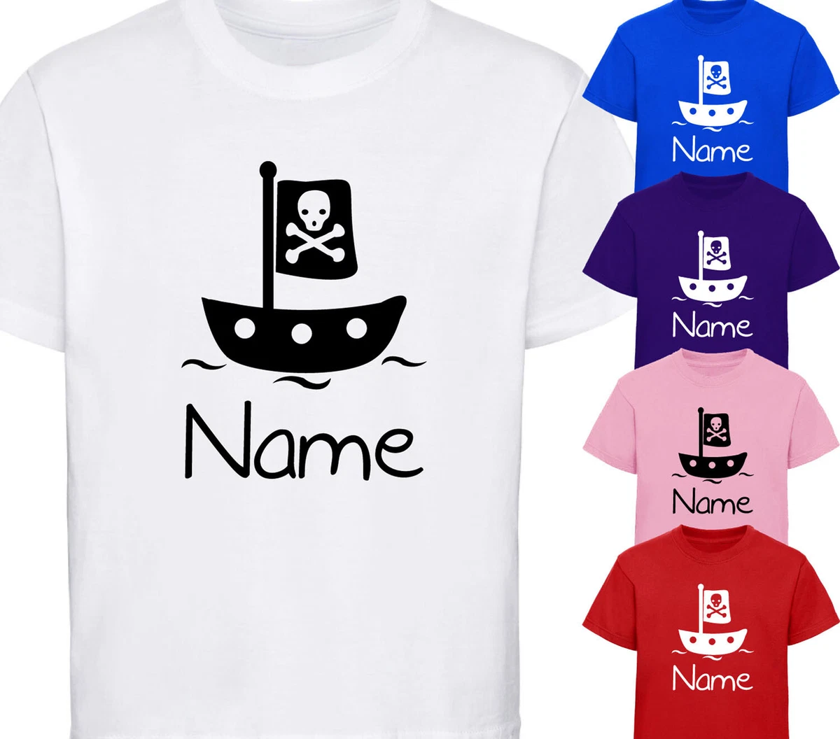 Boys Personalised Pirate Boat Design T Shirt Kids Childrens T Shirt Birthday