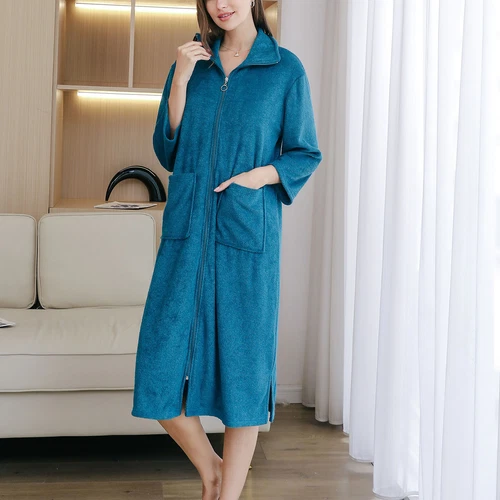 Women's Full Zip Robe 3/4 Sleeve Soft Terry Cloth Comfy Pockets House Coat - Picture 30 of 44
